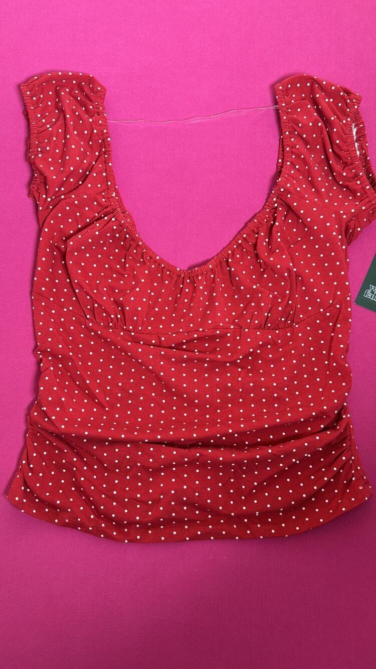 Wild Fable Red Polka Dot Ruched Top Size L Square Neck Retro Style New